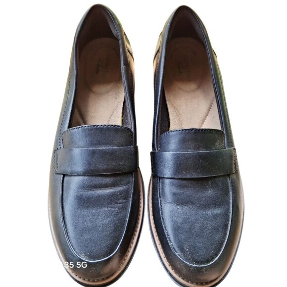 Clarks Womens Black Leather Loafers With Wedge Sole Comfortable Fit Size 9.5M US - Picture 1 of 7